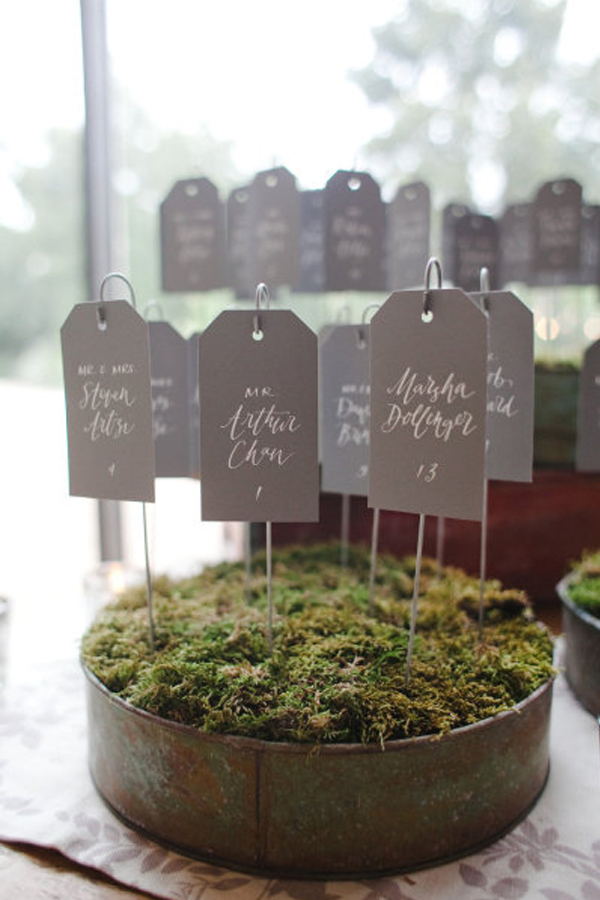 moss planting vintage tin wedding seating plan