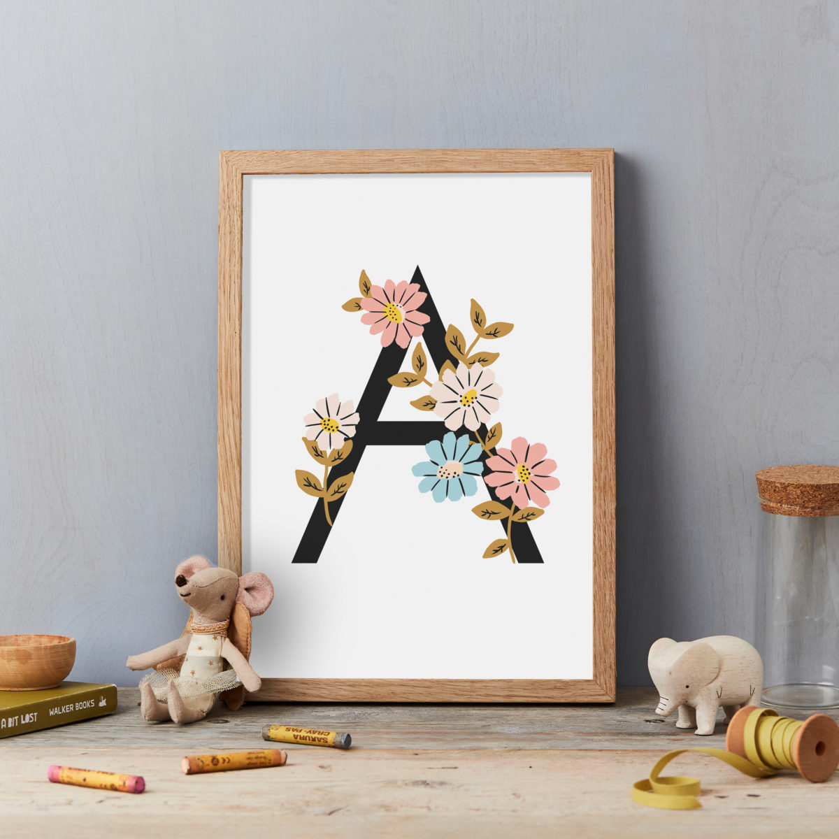 Pink or Blue Personalised A4 Initial Alphabet Print Bear Baby Child Floral 