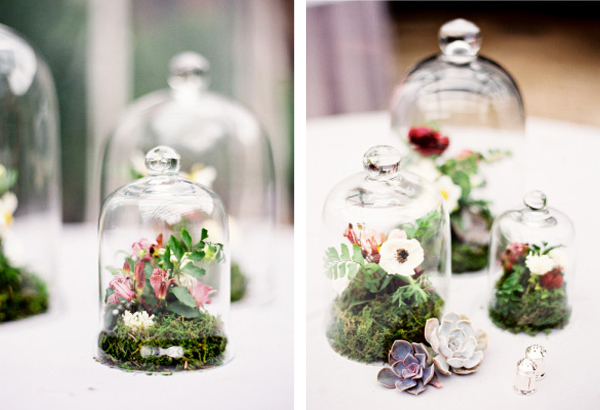 wedding table ideas, wedding reception ideas, bell jars, cloches, flowers