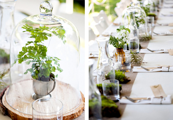 wedding table ideas, wedding reception ideas, bell jars, cloches, plants