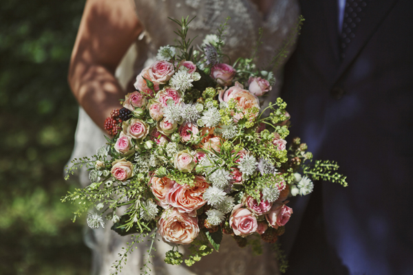 summer wedding bouquet roses astrantia raspberries