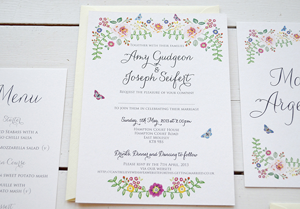 Bespoke Stationery floral hand drawn design with butterflies script font italian town table names