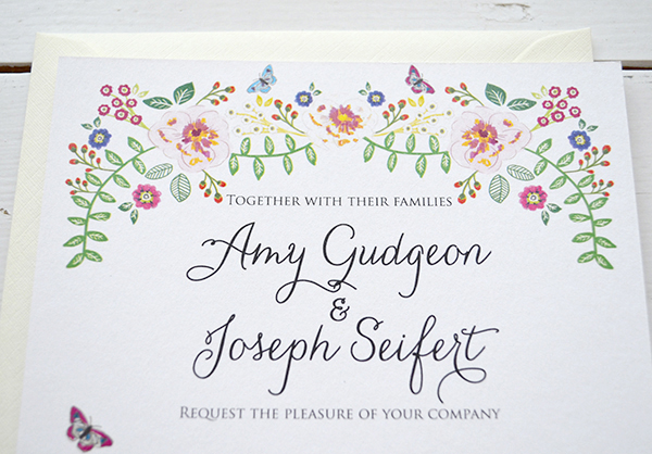Bespoke Stationery floral hand drawn design with butterflies script font italian town table names
