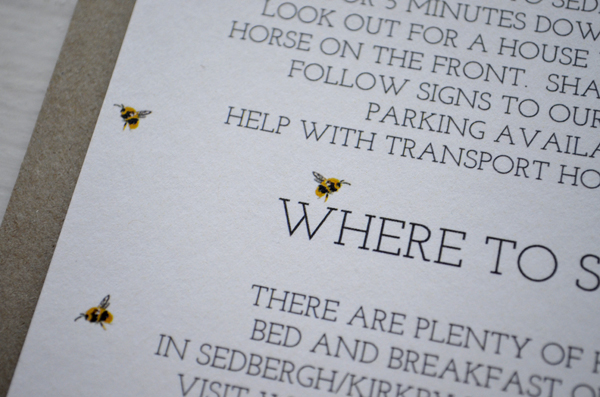 Bespoke wedding invitations and stationery custom design hand drawn map flowers delphiniums lake district RSVP tags bee