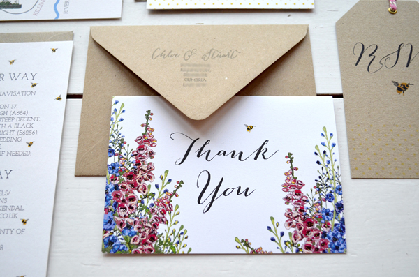 Bespoke wedding invitations and stationery custom design hand drawn map flowers delphiniums lake district RSVP tags bee