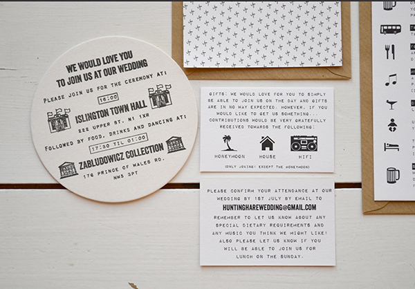 Jenni and Tim Modern wedding invites and stationery dymo font custom designed map and stamp beer mats
