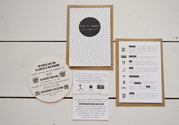 Jenni and Tim Modern wedding invites and stationery dymo font custom designed map and stamp beer mats