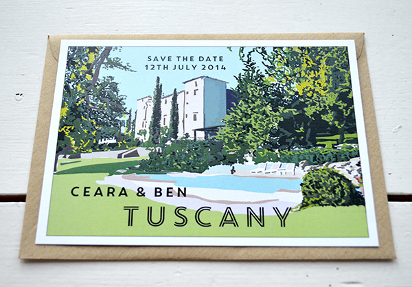 vintage travel poster inspired save the dates Tuscany wedding