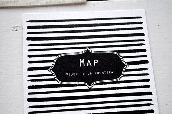 Spanish Fiesta Destination wedding stationery modern monochrome stripes font custom map muslin bag address stamp