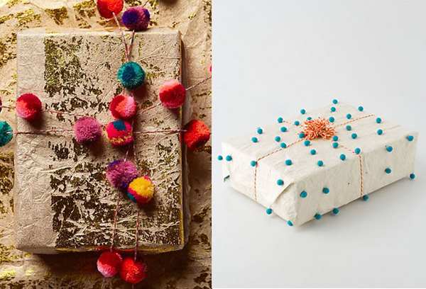 gold foil and pom poms christmas wrapping ideas