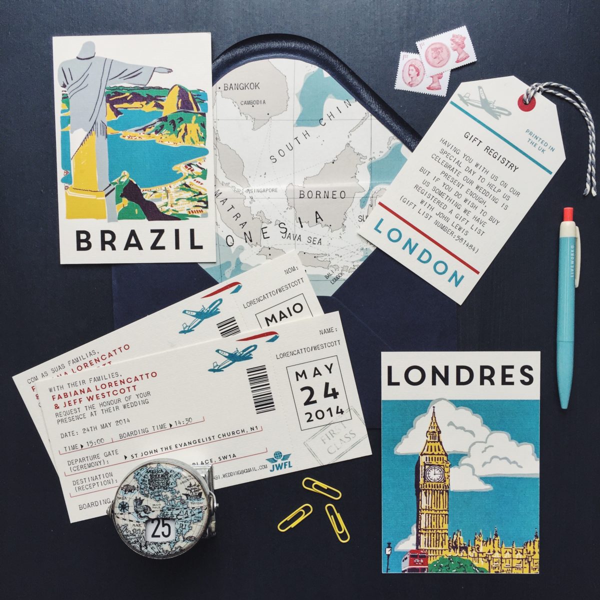 bespoke travel inspired wedding stationery brazil london vintage travel poster style