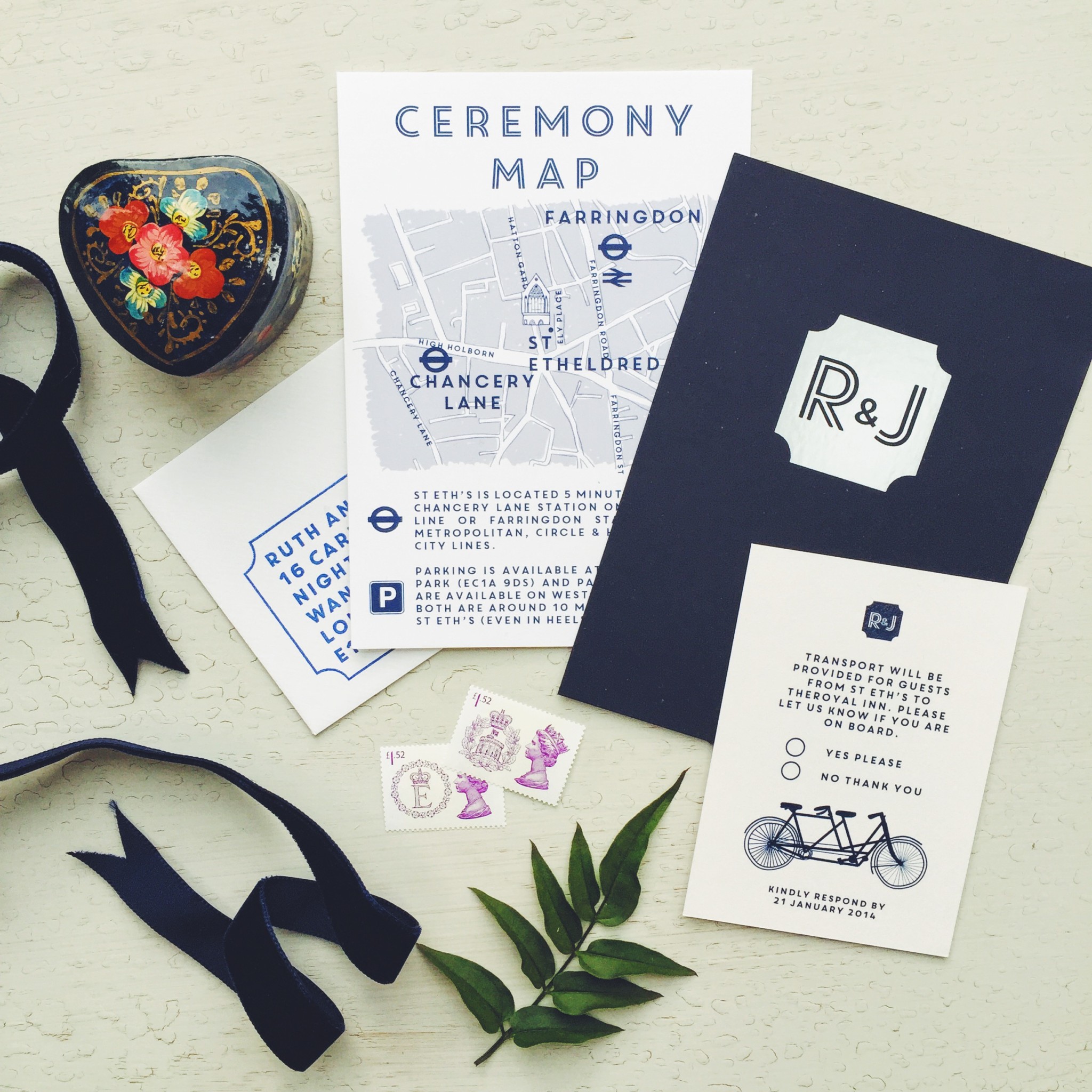 Ruth and Joe London wedding stationery Navy with white matt foiling and custom map