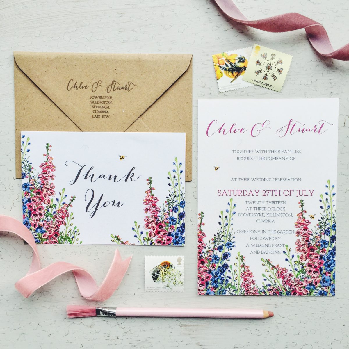 Chloe and stuart lake district floral wedding bespoke hand drawn stationery