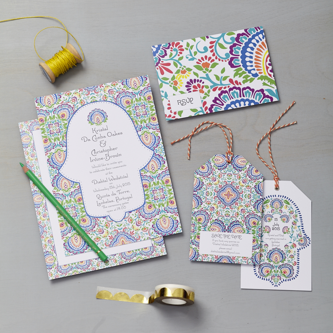Kristal and Dish Portugal wedding Branco Prata bespoke colourful stationery design