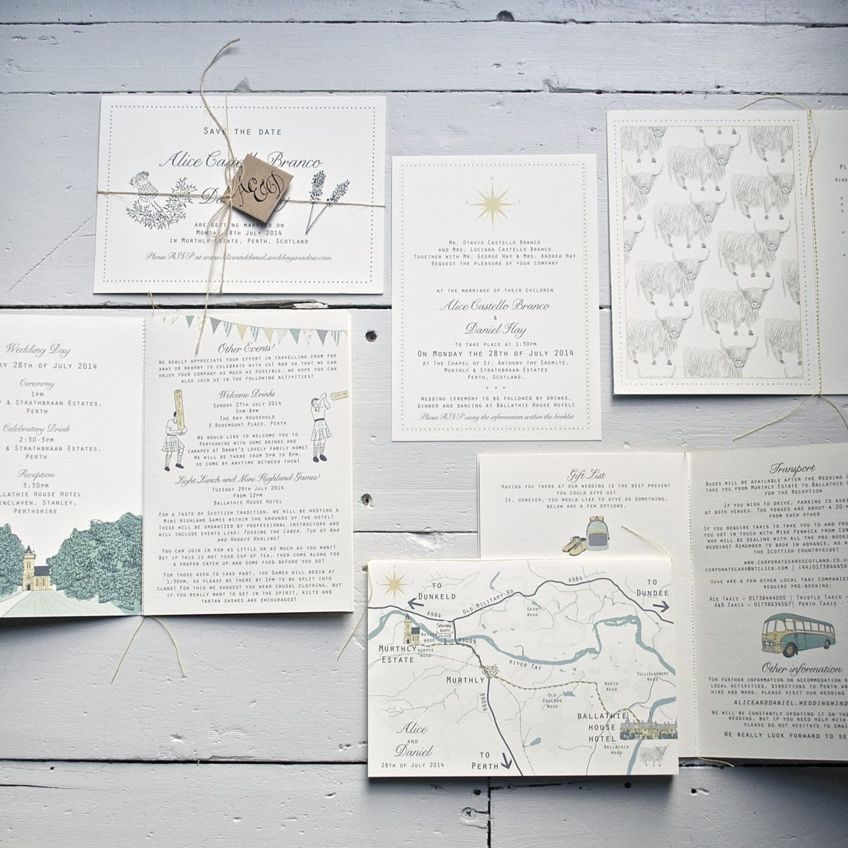 alice and daniel scottish wedding Murthly and Strathbraan estates perth bespoke invitation and map