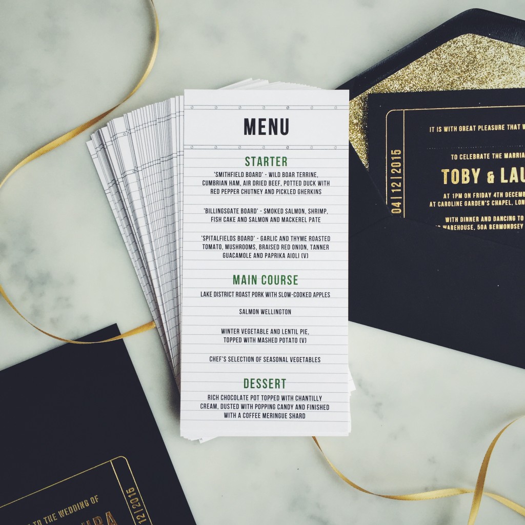 asylum-chapel-tanner-warehouse-wedding-cinematic gold foil menu