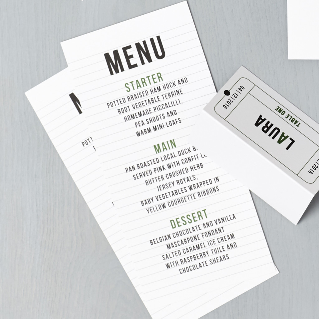 Lucy says I do wedding stationery menu cinema green