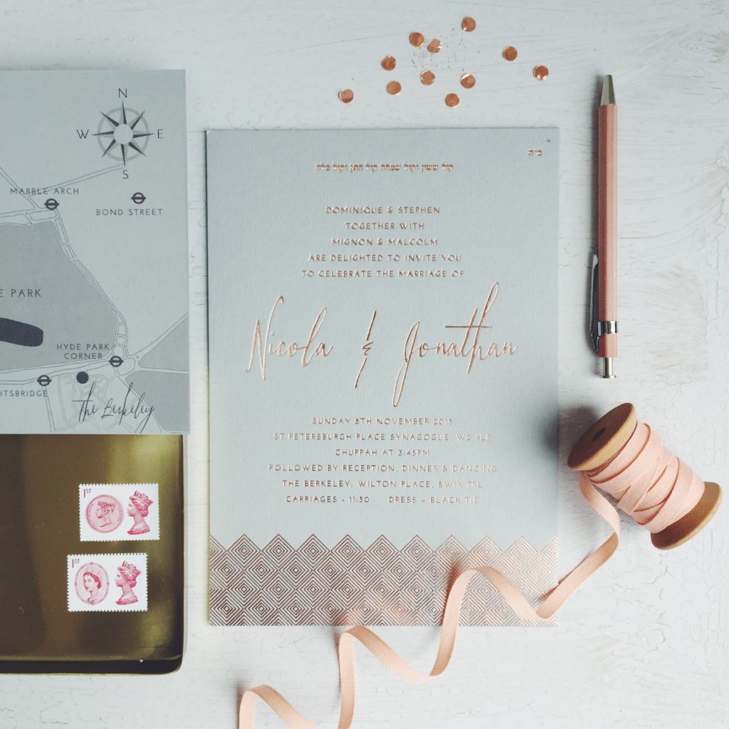 lucy says I do bespoke wedding stationery design london wedding copper foil grey card custom map