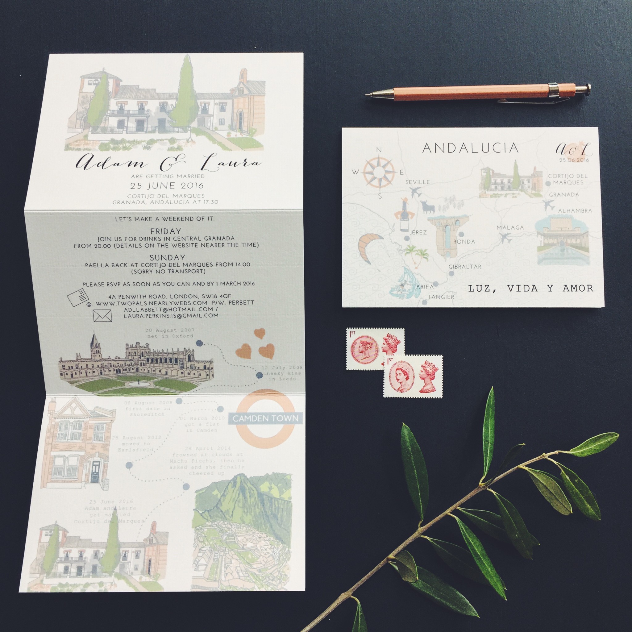 bespoke stationery hand illustrated spanish wedding granada cortijo del marques