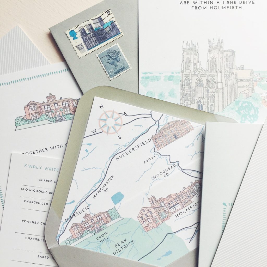 Dounia and Tom yorkshire wedding venue save the date illustration york envelope liner