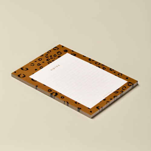 A5 desk notepad 50 pages recycled backing board mustard ochre leopard animal print