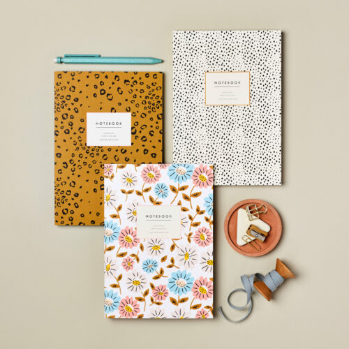 set of 3 A5 notebooks 96 lined pages beautiful cover choices animal print spots garden flower