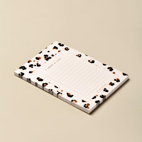 A6 I love a list desk notepad 50 pages recycled backing board cheetah animal print