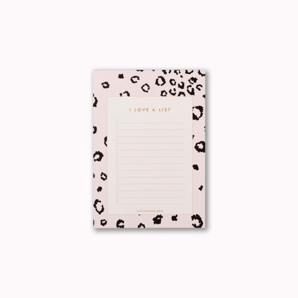 cut out shot of small to do list notepad in pink leopard print pattern. Great little secret santa gift or stocking filler for under £10