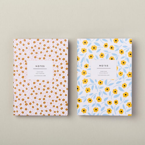 A6 pocket notebook set flower fields yellow and blue flower and pink and gold ditsy floral
