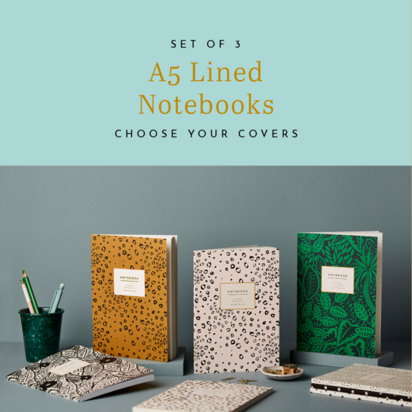 selection of pattern covered notebooks laid out on blue background