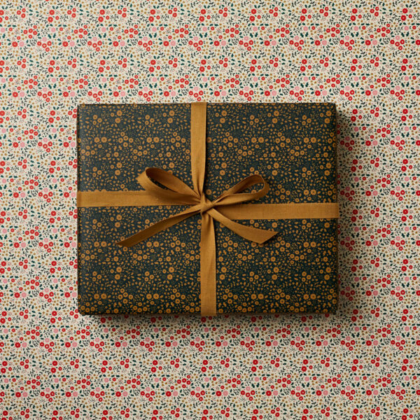 beautiful double sided Christmas festive wrapping paper little flowers design nostaligia dark green reds and golds double sided wrap cottage core sm
