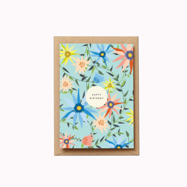 Blue and coral flower garden happy birthday card