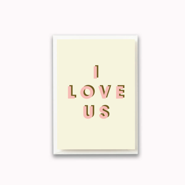 I love us card pink and dark green typography text