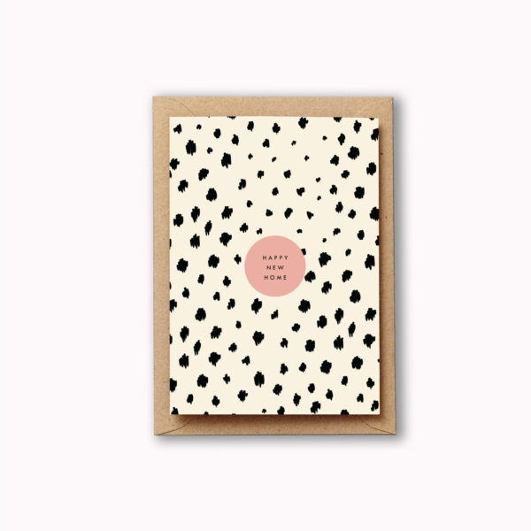 Happy new home card monochrome animal print with pop of pink