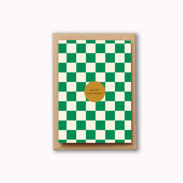 Happy birthday card green checkerboard
