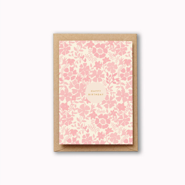 Happy birthday card secret garden pink flowers design