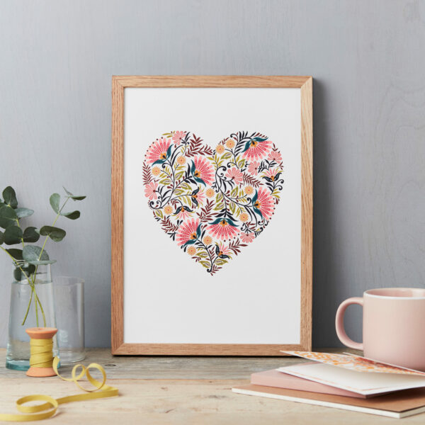 Floral Pink Love Heart Shaped Print