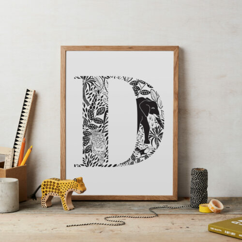 Initial Letter Jungle Black And White Bold Print D