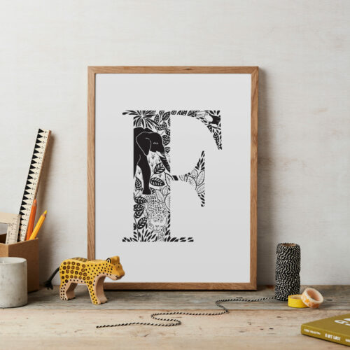 Initial Letter Jungle Black And White Bold Print F