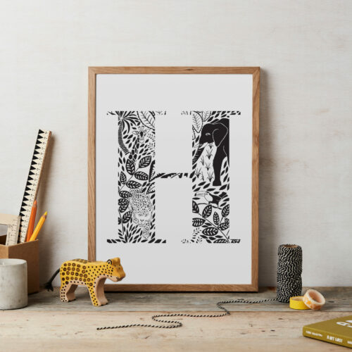 Initial Letter Jungle Black And White Bold Print H