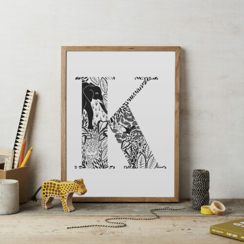 Initial Letter Jungle Black And White Bold Print K