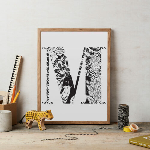 Initial Letter Jungle Black And White Bold Print M