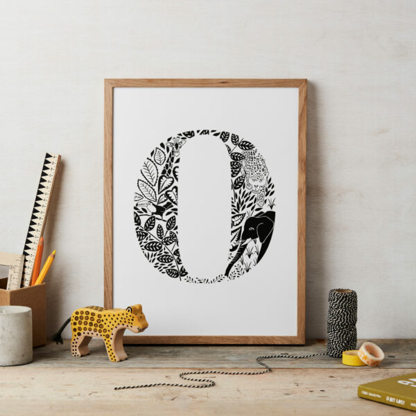 Initial Letter Jungle Black And White Bold Print O