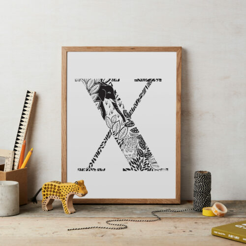 Initial Letter Jungle Black And White Bold Print X