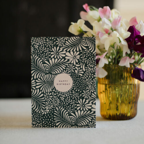 Dark Green Botanical Happy Birthday Card - with flowers in vase