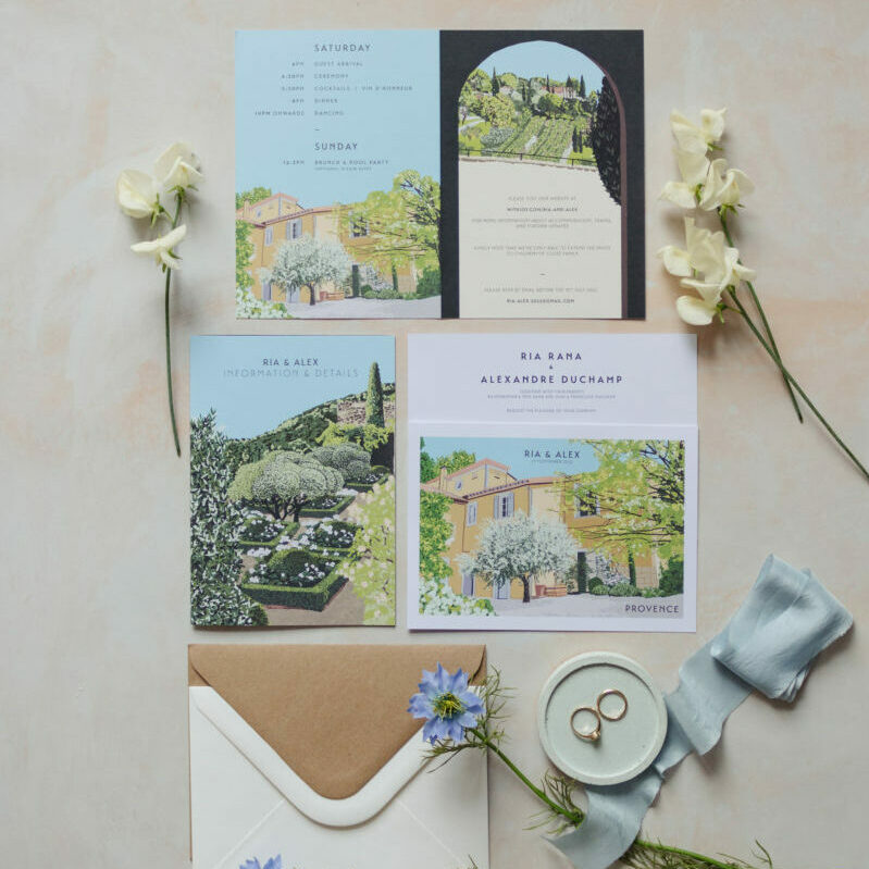 Ria and Alex bespoke wedding invitation - South of France Provence DOMAINE DE BLANCHE FLEUR