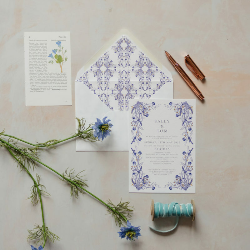 Sally and Tom Rhodes bespoke wedding invitation blue tile pattern - Melenos Art Boutique Hotel, Lindos_sm