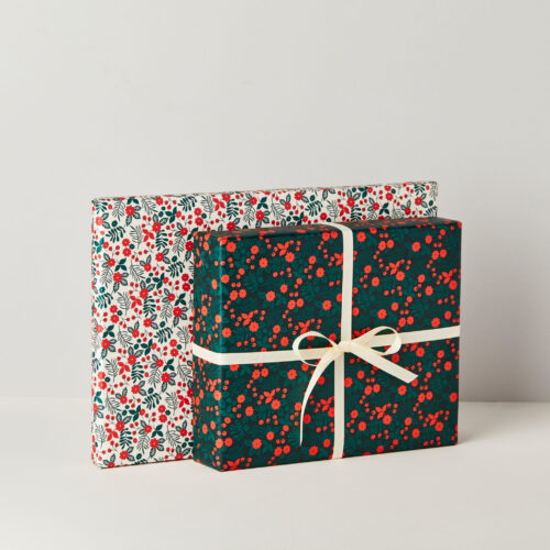 beautiful Christmas Holiday wrapping paper festive flowers design nostaligic dark green red berries double sided gift wrap