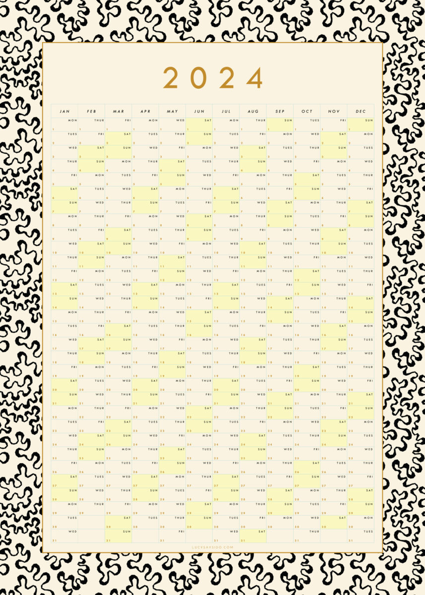 2024 year planner for the wall graphic black coral pattern with yellow highlighted dates