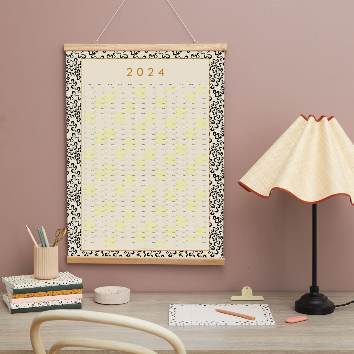 2024 year planner for the wall graphic black coral pattern with yellow highlighted dates
